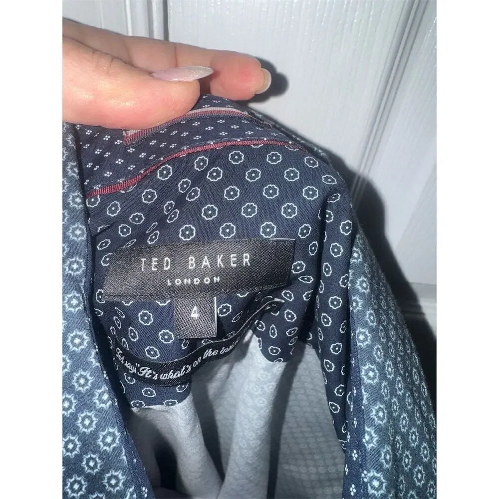 Ted Baker Men's Geometric‎ Print Long Sleeve Shirt Blue Size 4 Casual - Picture 4 of 7